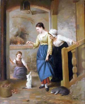 1289-T2 | 50cm x 61cm | femme jouant avec son chat 